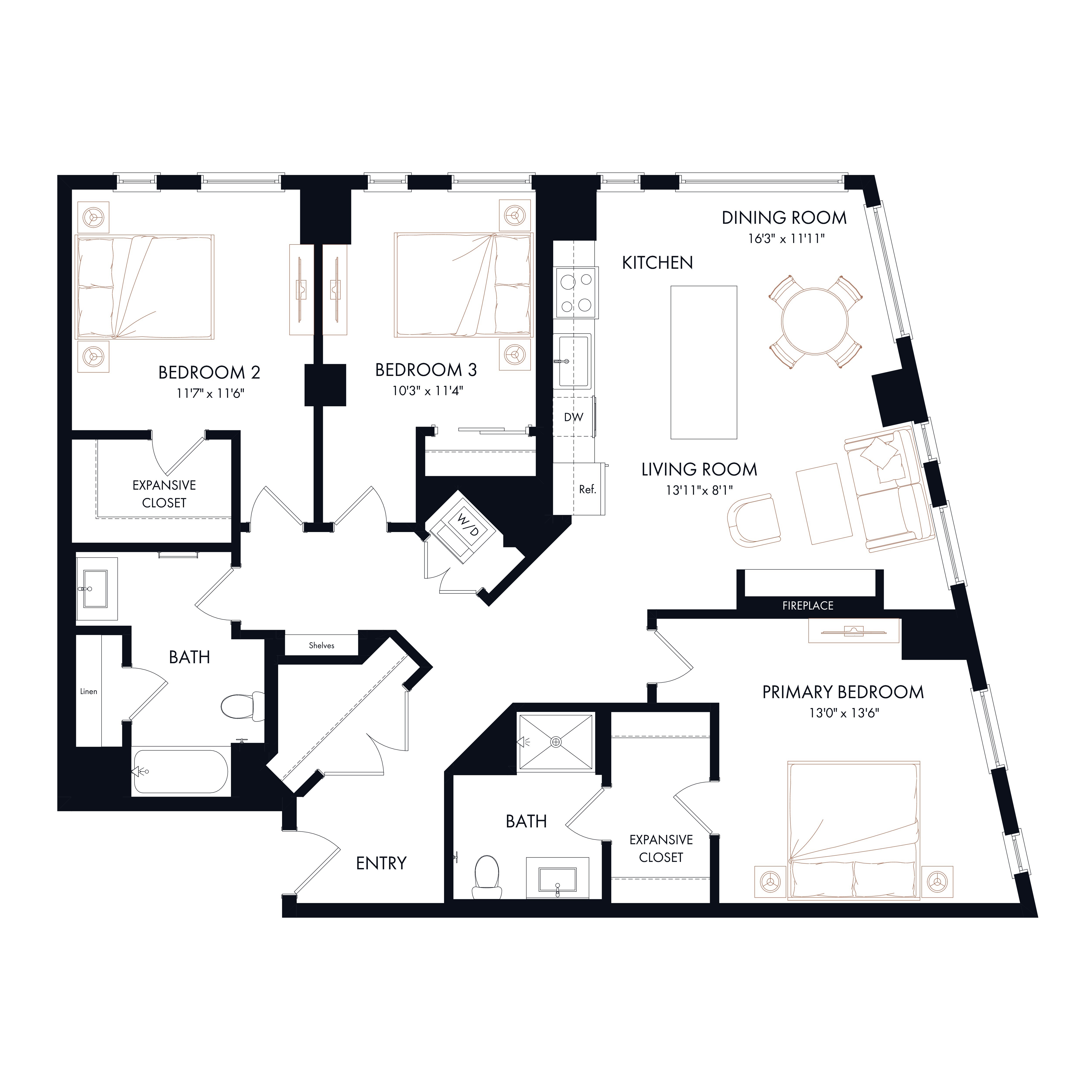 Floor plan layout diagram for C1A | 3 Bed | 2 Bath